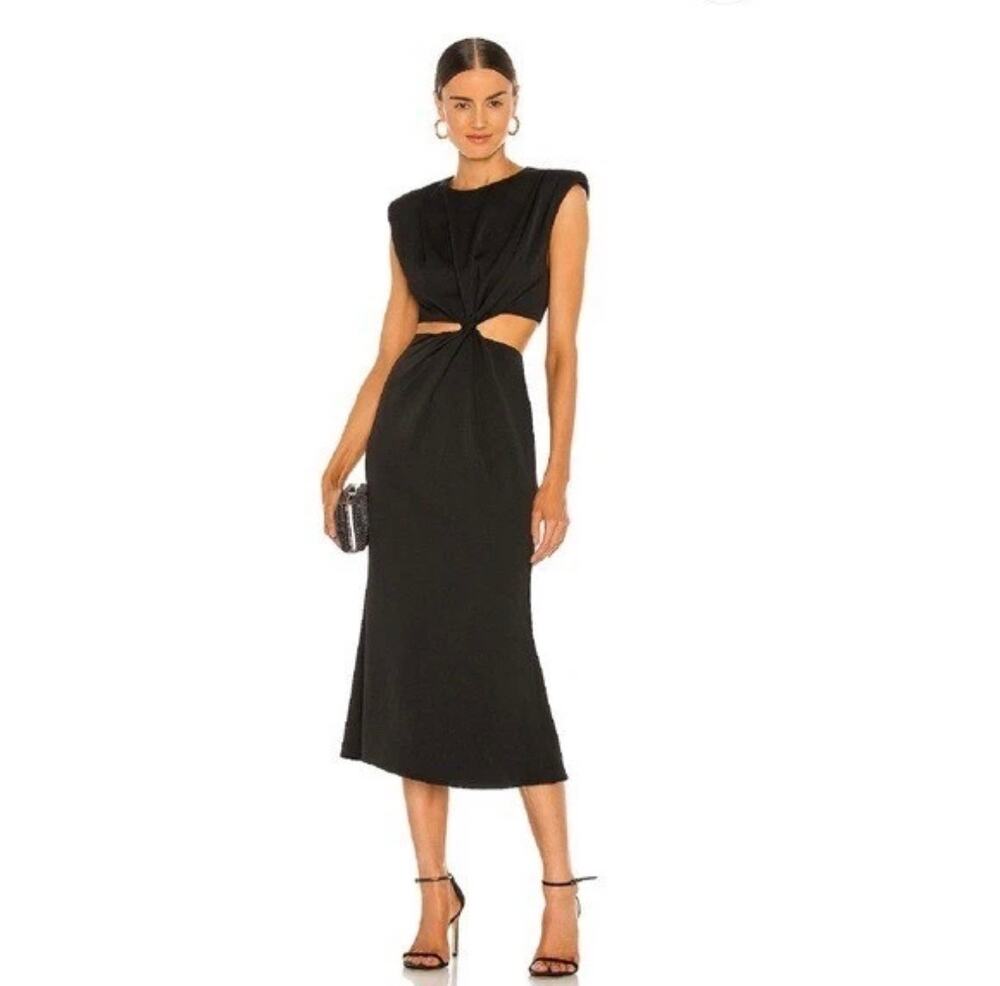 MISHA Women's Cut Out Midriff Midi Dress Sleeveless Domenica Shoulder Pads sz 8